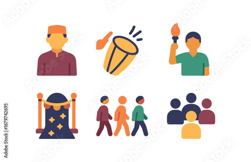 vector colorful flat filled icons twilight procession (cultural): traditional attire drum beats chanting ceremonial walk decorated path community gathering.