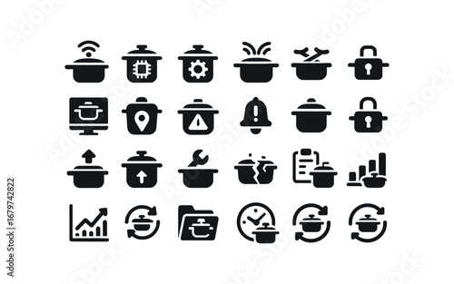 vector solid black filled icons Cookware (Advanced) cookware smart cookware ai cookware auto cookware manual cookware synced cookware unsynced cookware monitor cookware track cookware alert.