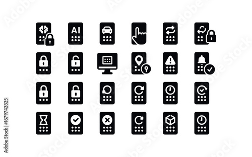 vector solid black filled icons Access Code (Advanced) accesscode smart accesscode ai accesscode auto accesscode manual accesscode synced accesscode unsynced accesscode secure accesscode.