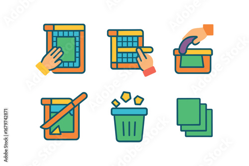 vector colorful flat filled icons paper trimmer (process): aligning sheet adjusting guide pressing clamp slicing edge removing scraps stacking cuts.