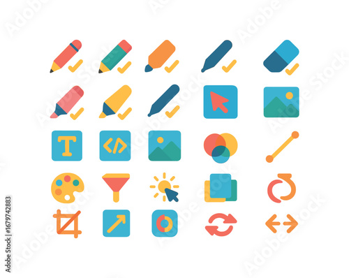 colorful flat vector icons Edit (Tools) edit pen edit pencil edit brush edit eraser edit marker edit highlighter edit stylus edit cursor edit text edit code edit image edit photo edit video.