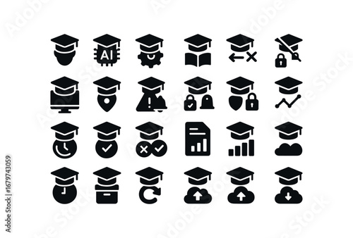 vector solid black filled icons Scholarship (Advanced) scholarship smart scholarship ai scholarship auto scholarship manual scholarship synced scholarship unsynced scholarship monitor.