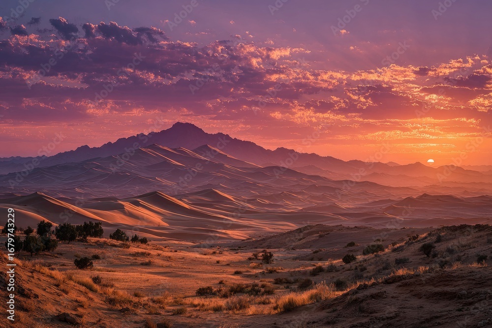 Naklejka premium Desert mountain sunrise, vibrant hues