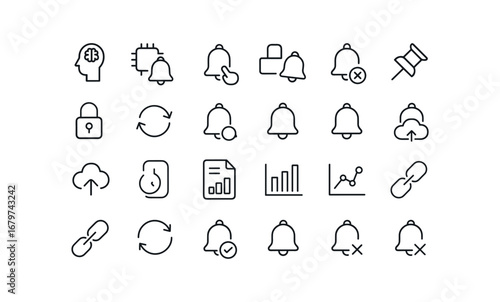 vector outline icons Push (Advanced) push smart push ai push auto push manual push monitor push track push secure push unsecure push synced push unsynced push alert2 push notify push backup.