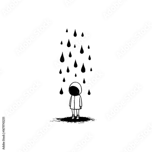 Lonely person in rain drawing black and white illustration of rainy day art with hooded figure minimalist design