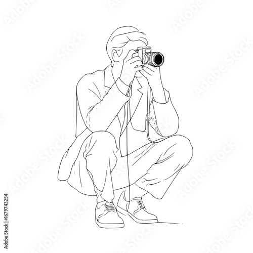 Photographer taking picture professional photography camera man outline drawing vector illustration design