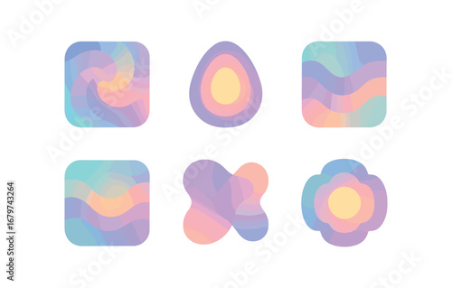 vector colorful flat filled icons reverie (abstract): pastel swirls gentle curves layered haze glowing center dreamy gradients smooth shapes.