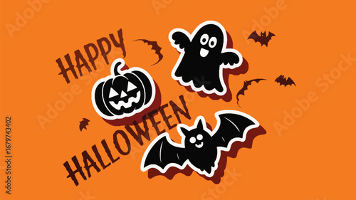 Spooky Halloween fun with a friendly ghost, grinning pumpkin, and flying bats on a festive orange background