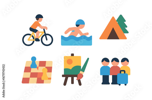 vector colorful flat filled icons preteen years (activities): cycling swimming camping board games painting group trips.