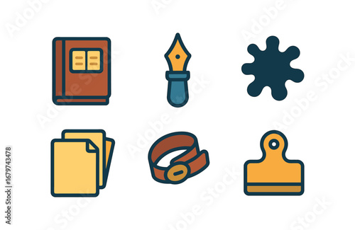 vector colorful flat filled icons clipfolio (historic): old ledger fountain pen ink blot parchment sheets leather strap brass clip.