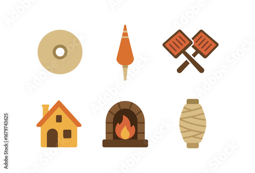 vector colorful flat filled icons spindle spinning (historic): stone whorl clay spindle hand carders old cottage hearth fire linen thread.
