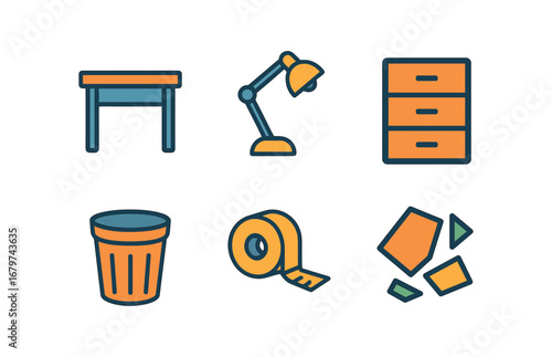 vector colorful flat filled icons paper trimmer (workspace): table lamp supply drawer waste bin measuring tape cutting scraps.