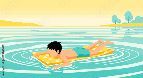 Boy Enjoying Leisure Time Floating On Water With Minimal Coastal Scenery