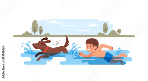 Boy Enjoying Swimming With His Loyal Dog As They Splash Together Actively Playing