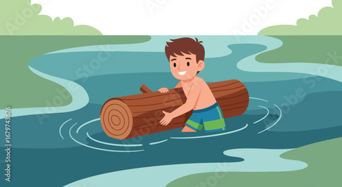 Boy Enjoying The Water With A Log While Having Fun Outdoor In The Summer