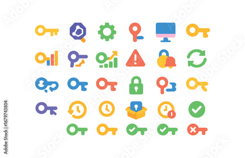 colorful flat vector icons Key (Advanced) key ai key auto key manual key tracker key monitor key report key stats key chart key graph key alert key notify key synced key unsynced key online.