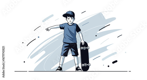 Boy holding a skateboard and pointing to the side in a vector art monochrome style illustration