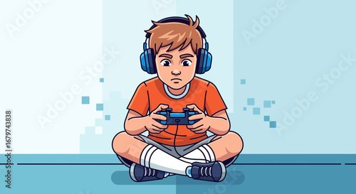 Boy Immersed In Gaming, Wearing Headphones, Playing Video Games, In Creative Illustration