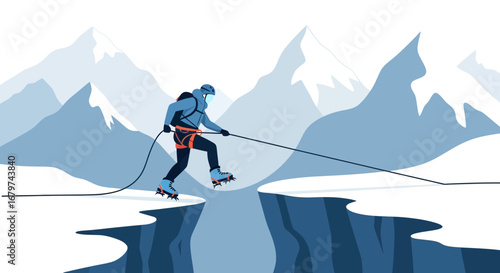 Athlete Ascending Precarious Mountain Pass, Navigating a Risky and Deep Crevasse