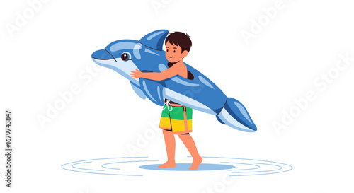 Boy Hugging Dolphin Inflatable Toy In Water Ready For Summer Aquatic Fun