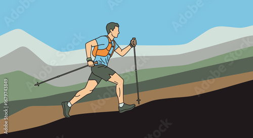 Athlete Ascending Hillside With Trekking Poles: A Vector Illustration
