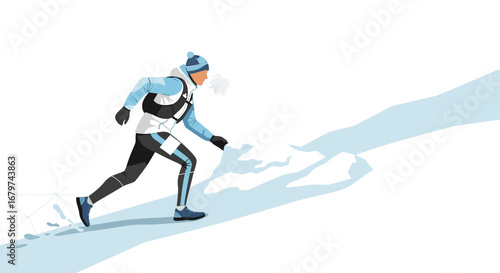 Athlete Ascending Snow Covered Slope Conceptually Depicted In Distinctive Graphic Style