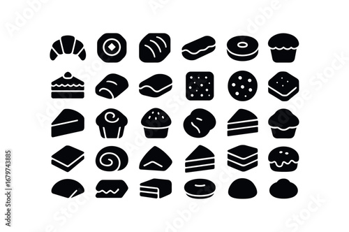 vector solid black filled icons Pastry (Types) pastry croissant pastry danish pastry strudel pastry tart pastry pie pastry puff pastry éclair pastry donut pastry cake pastry muffin pastry.