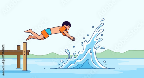 Boy Jumps Into Water, Splash Creation Near Wooden Pier in Summer Joy Animation