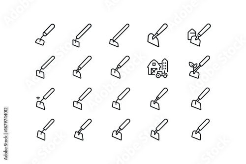 vector outline icons Hoe (Types) hoe hand hoe long hoe short hoe metal hoe wood hoe eco hoe smart hoe modern hoe vintage hoe rural hoe urban hoe farm hoe garden hoe toolset hoe steel hoe.