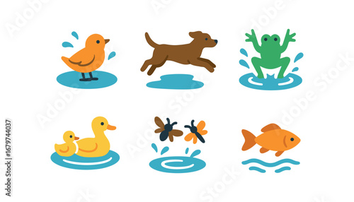 vector colorful flat filled icons puddle jumping (wildlife): bird bathing dog leaping frog splash duck ripples insects hovering fish dart.