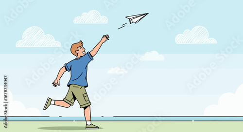 Boy Launches Paper Airplane Against a Sky with Clouds Creating a Playful Atmosphere
