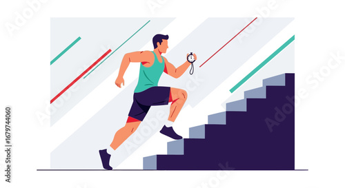 Athlete Climbing Stairs, Exercising With Stopwatch, Depicting Fitness, And Determination Visual