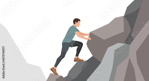 Athlete Climbs Rugged Rock Face, Achieving Challenges Using Strength, Energy And Resolve