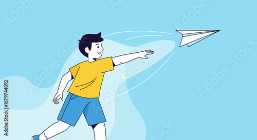 Boy Launching a Paper Airplane: Concept of Freedom, Dreams, and New Beginnings