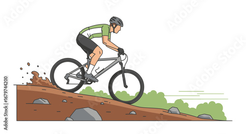 Athlete Downhill Biking With Agile Maneuvers On The Rugged Terrain Illustration
