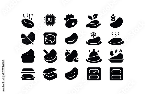 vector solid black filled icons Omelette (Advanced) omelette smart omelette ai omelette auto omelette manual omelette organic omelette vegan omelette glutenfree omelette lowfat omelette.