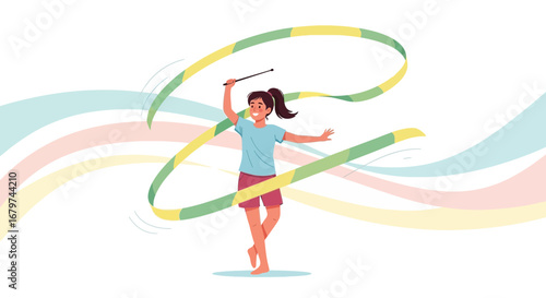 Athlete Expressing Grace and Skill While Performing Ribbon Gymnastics on White Background