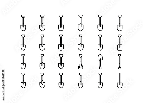 vector outline icons Spade (Types) spade garden spade farm spade trench spade digging spade planting spade narrow spade wide spade flat spade curved spade metal spade wood spade plastic.
