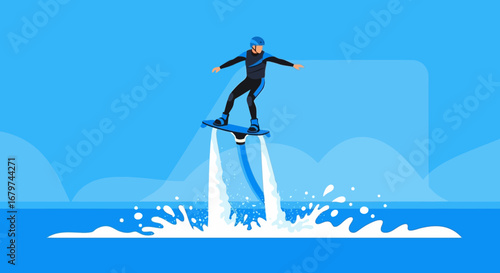 Athlete Hovering On A Flyboard Over Water With Blue Sky Background Vector Illustration Sports