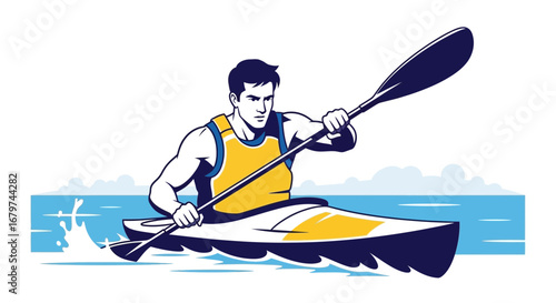Athlete in Kayak Paddling Swiftly Through Water, Sport Vector Illustration