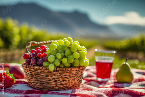 Freshly picked green and red grapes in a basket on a scenic outdoor picnic setting with a glass of berry juice and ripe pear, surrounded by mountains and lush landscape