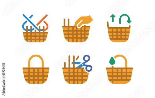 vector colorful flat filled icons basket stitcher (process): weaving strands tightening edges shaping base adding handles trimming ends sealing finish.