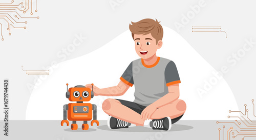 Boy playing with a robot toy, concept of artificial intelligence and technology
