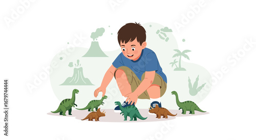 Boy Playing With Dinosaurs Fun Illustration Depicting The Jurassic Era For Children