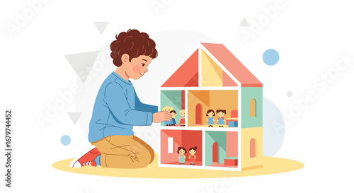 Boy Playing with Dollhouse Depicting Imagination, Fantasy, and Early Childhood Fun