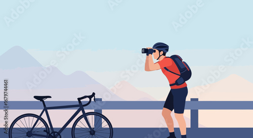 Athlete Observes Nature With Binoculars Near Bicycle After Cycling Trip Outdoors