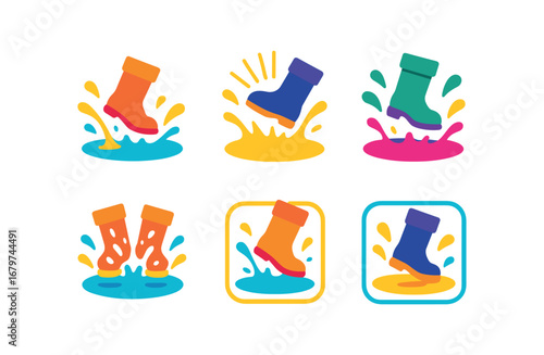 vector colorful flat filled icons puddle jumping (artistic): slow motion splash high contrast light exaggerated droplets color saturated water mirrored image playful framing.