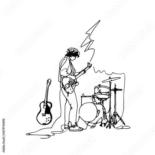 Line art illustration of musician playing guitar and drums in black and white minimalist design style