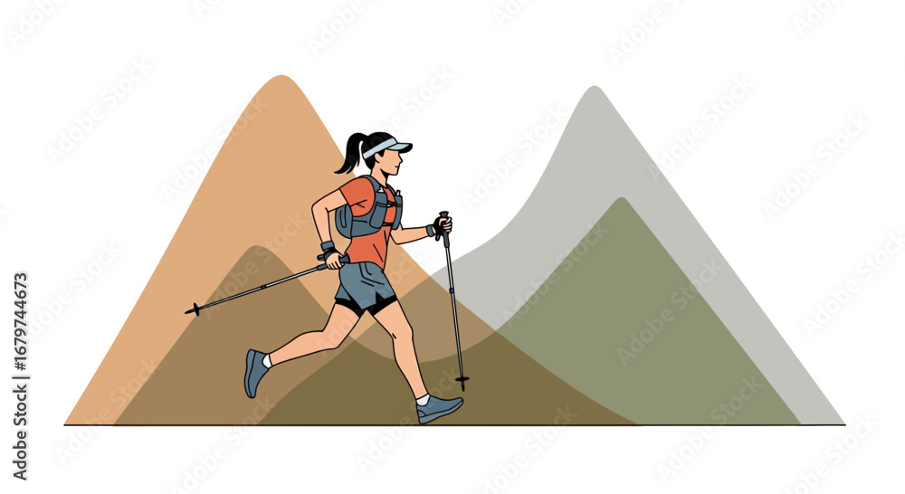 Fototapeta premium Athlete Running Through The Mountains With Poles, Perfect For Outdoor Activities