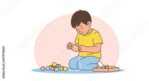 Boy playing with wooden toys stringing beads during playtime in nursery room